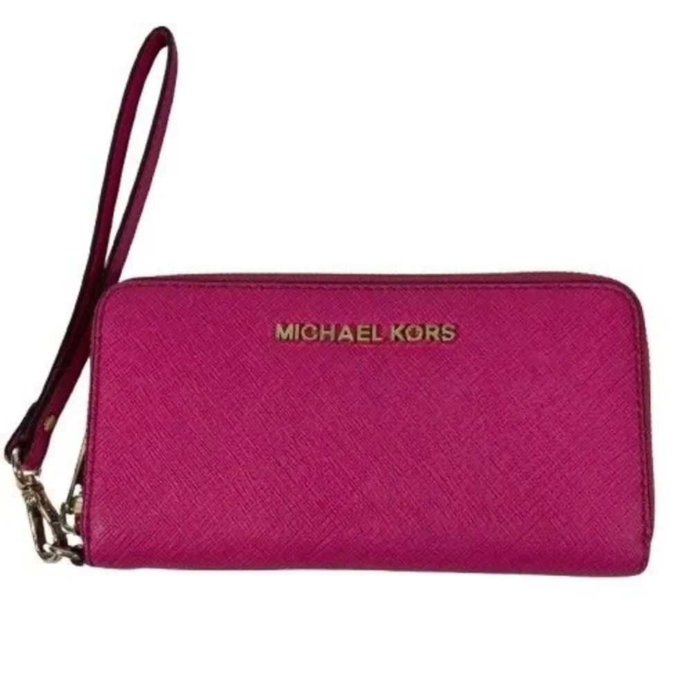Michael Kors Jet Set Travel Continental Wristlet Wallet Pink Saffiano Leather
